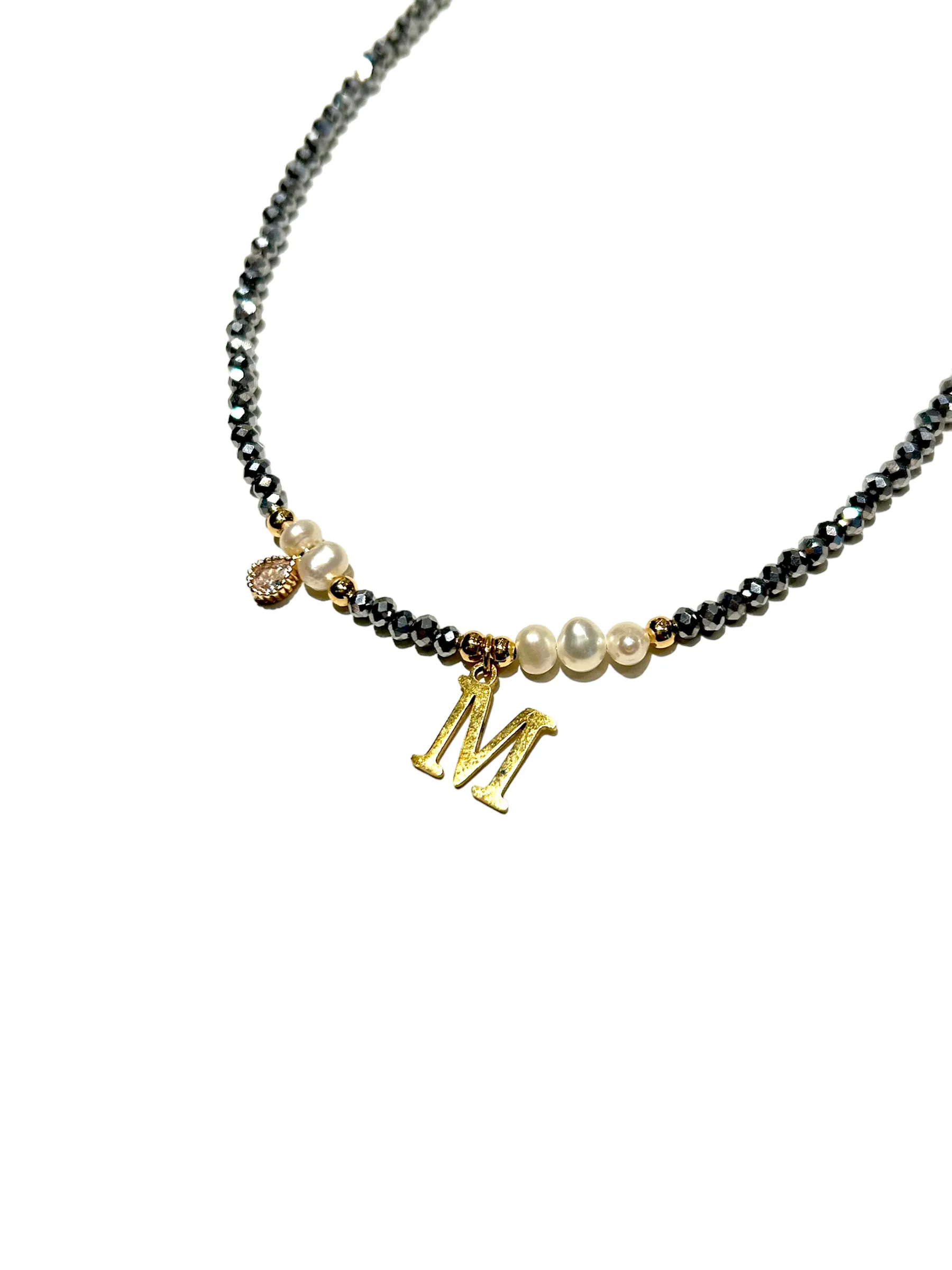 HC DESIGNS- Silver Crystal Necklace with Pearls and Initials