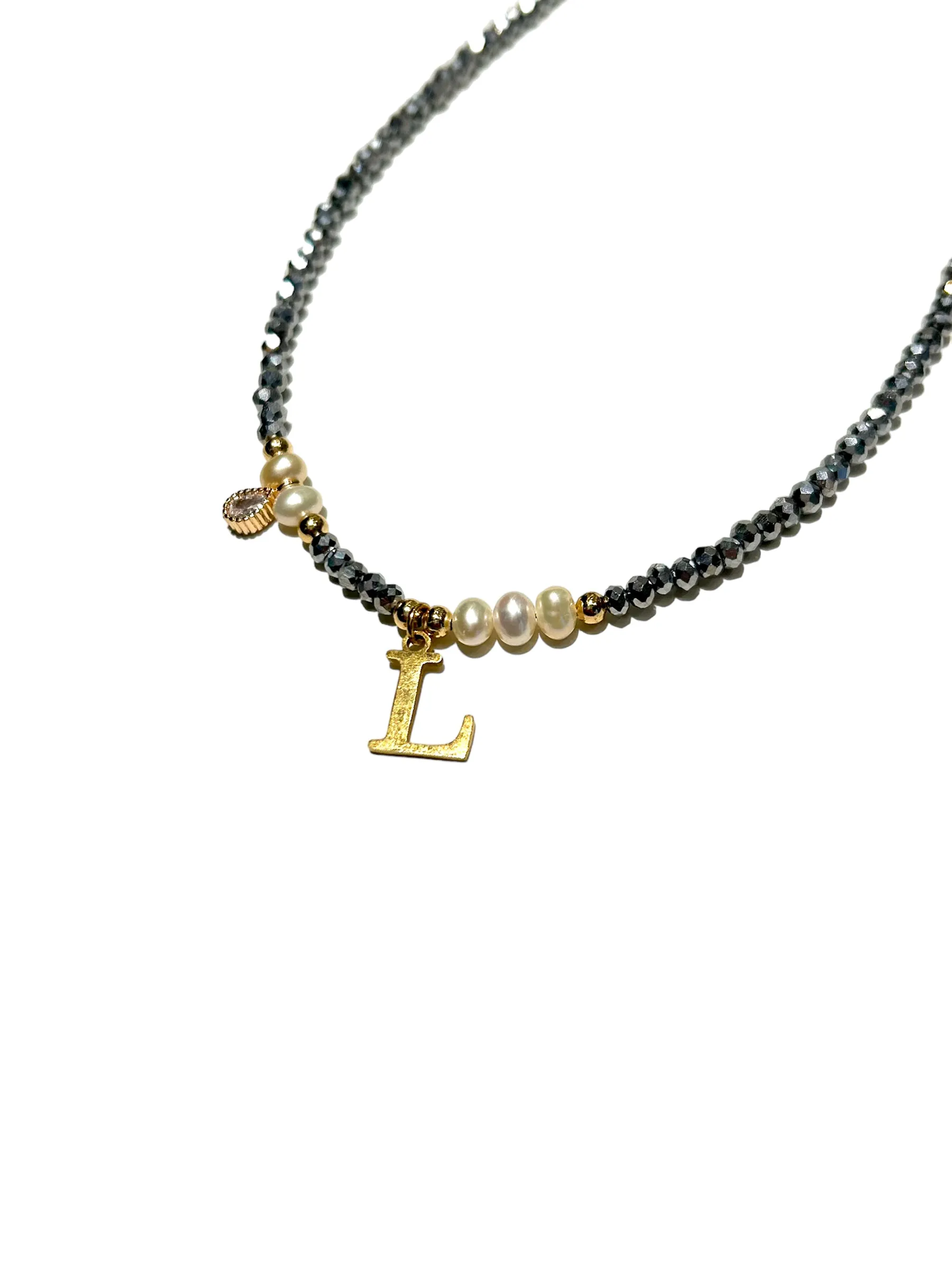 HC DESIGNS- Silver Crystal Necklace with Pearls and Initials