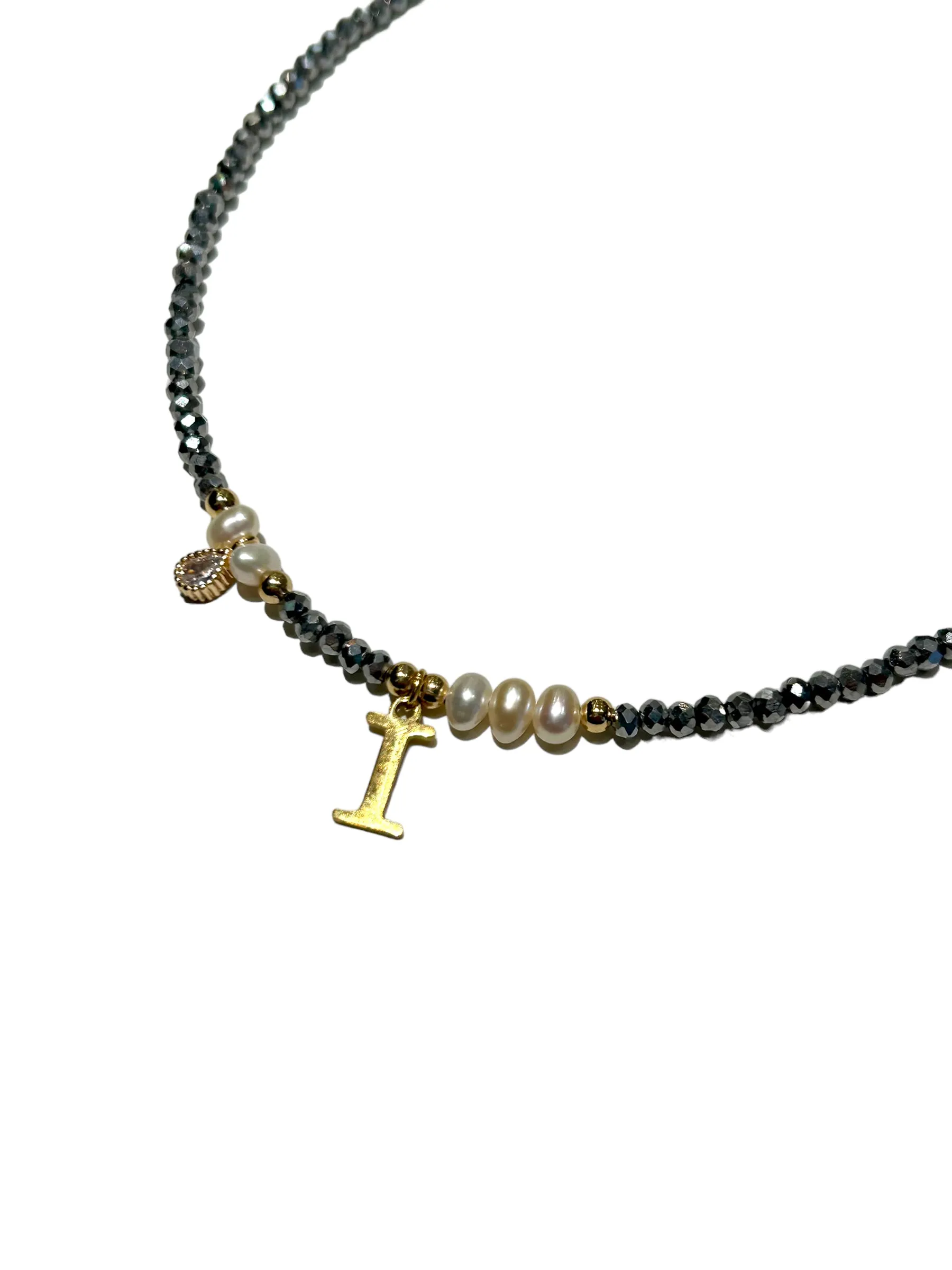 HC DESIGNS- Silver Crystal Necklace with Pearls and Initials