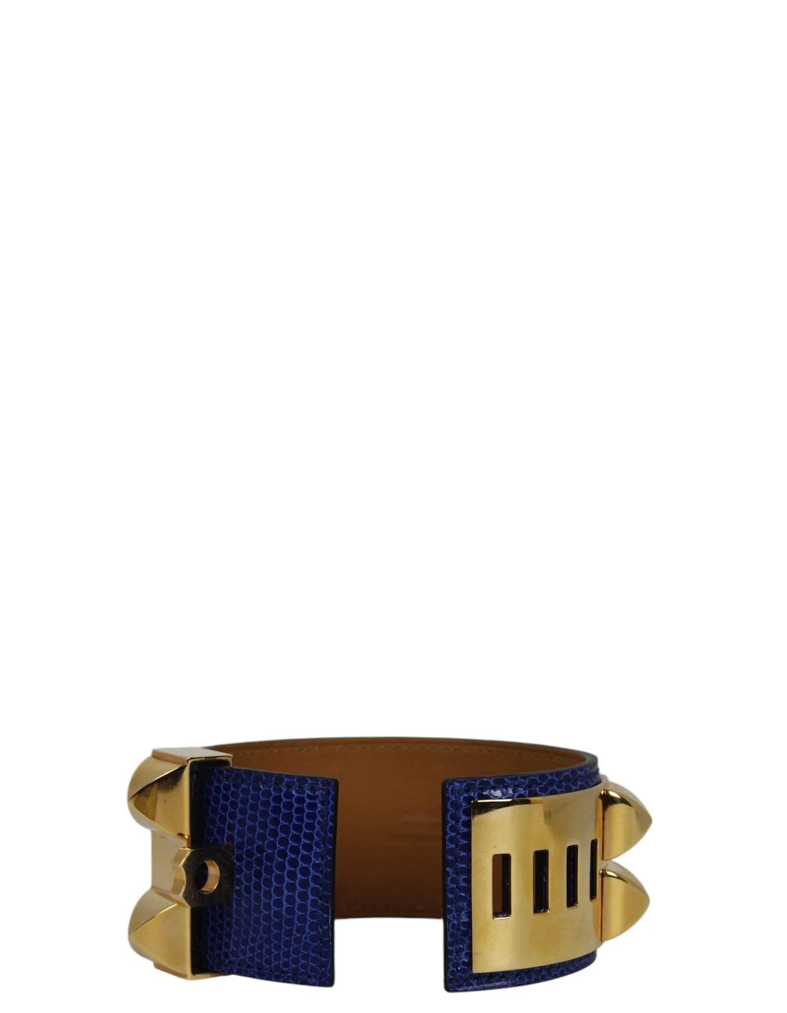 Hermes Blue Lizard/ Gold Collier de Chien Bracelet sz T2