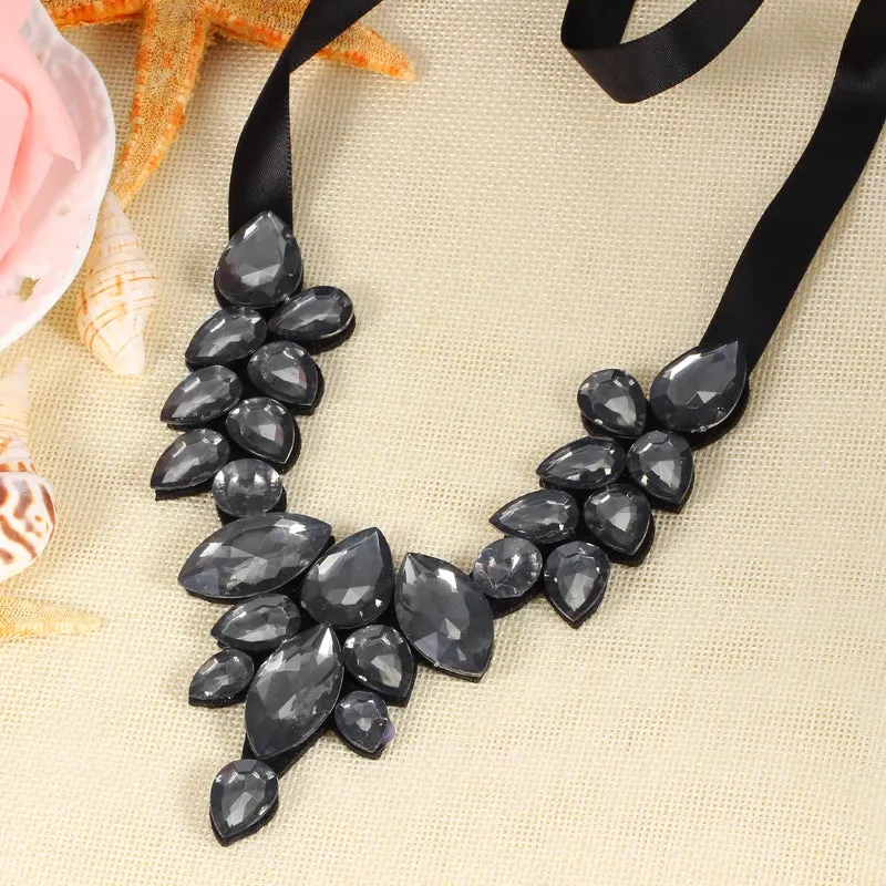 Hesiod White Clear Crystal False Collar Chokers Necklace Back Strap Rhinestone Choker Necklace Short Collar Chiffon Chain