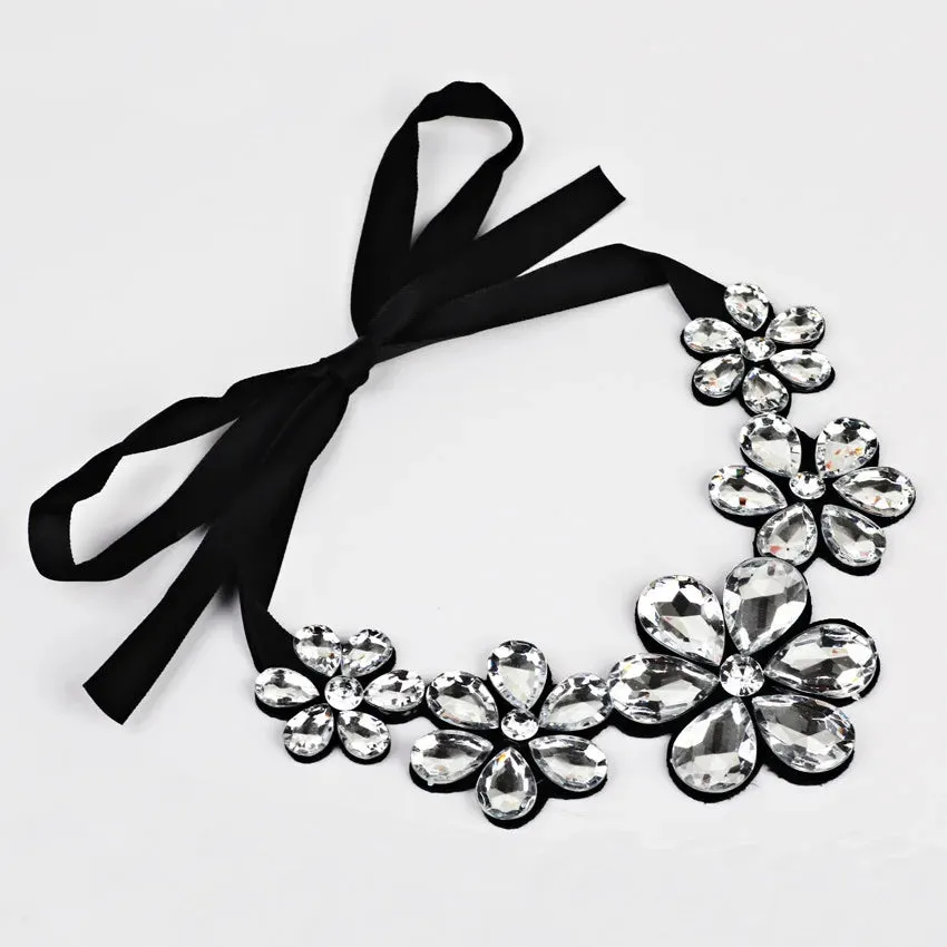 Hesiod White Clear Crystal False Collar Chokers Necklace Back Strap Rhinestone Choker Necklace Short Collar Chiffon Chain