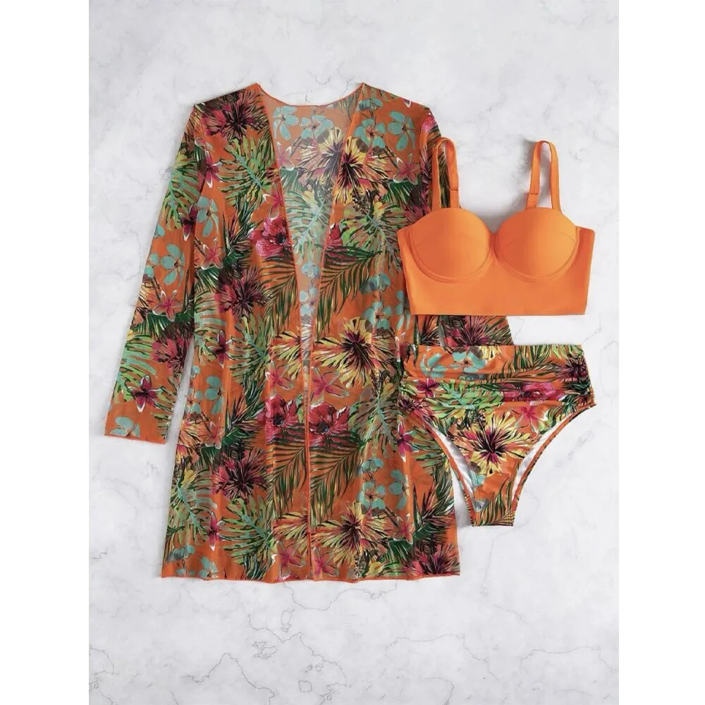 High Waist Three Pieces Bikini Set Cover Up Women 2023 New Push Up Swimsuit Long Sleeve Swimwear Biquini Bathing Suit Summer
