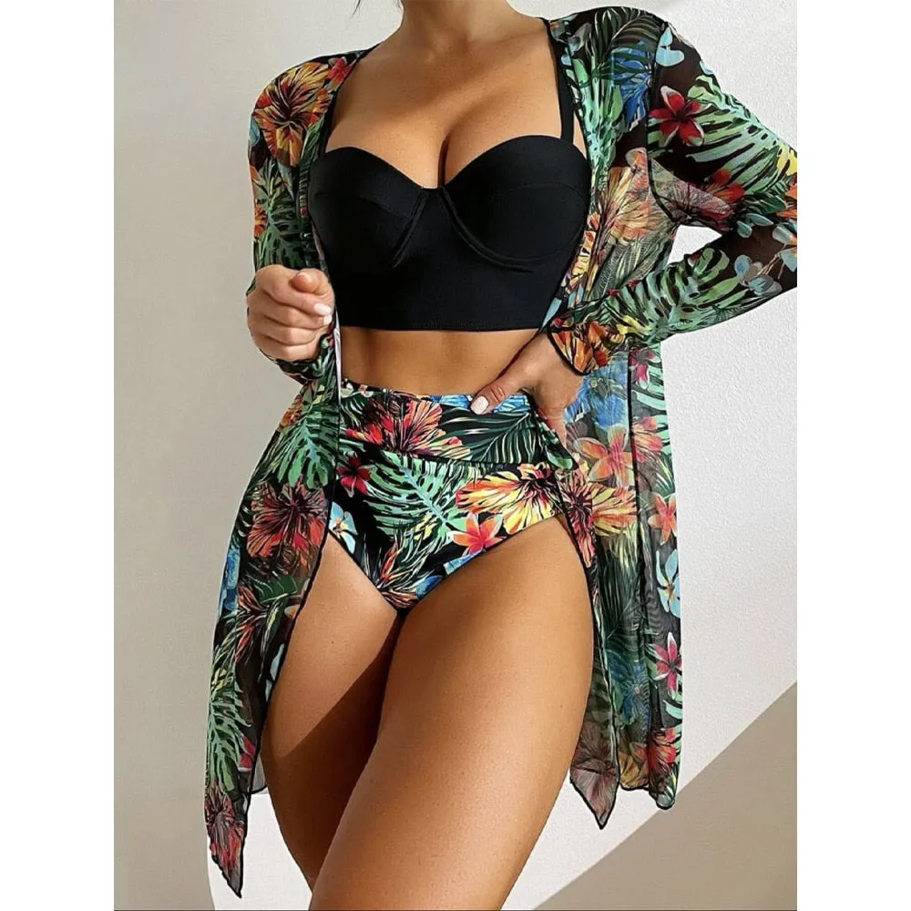 High Waist Three Pieces Bikini Set Cover Up Women 2023 New Push Up Swimsuit Long Sleeve Swimwear Biquini Bathing Suit Summer