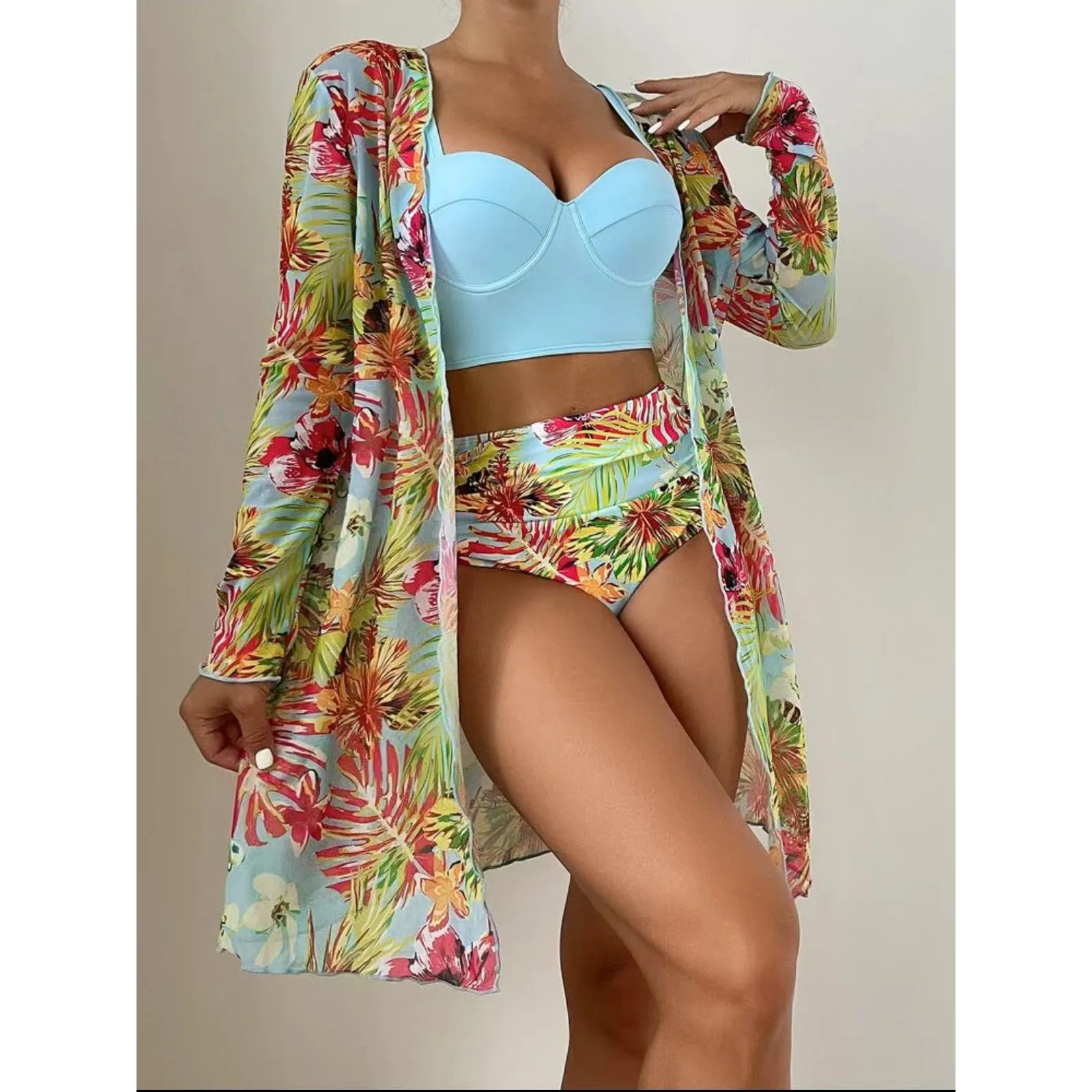 High Waist Three Pieces Bikini Set Cover Up Women 2023 New Push Up Swimsuit Long Sleeve Swimwear Biquini Bathing Suit Summer