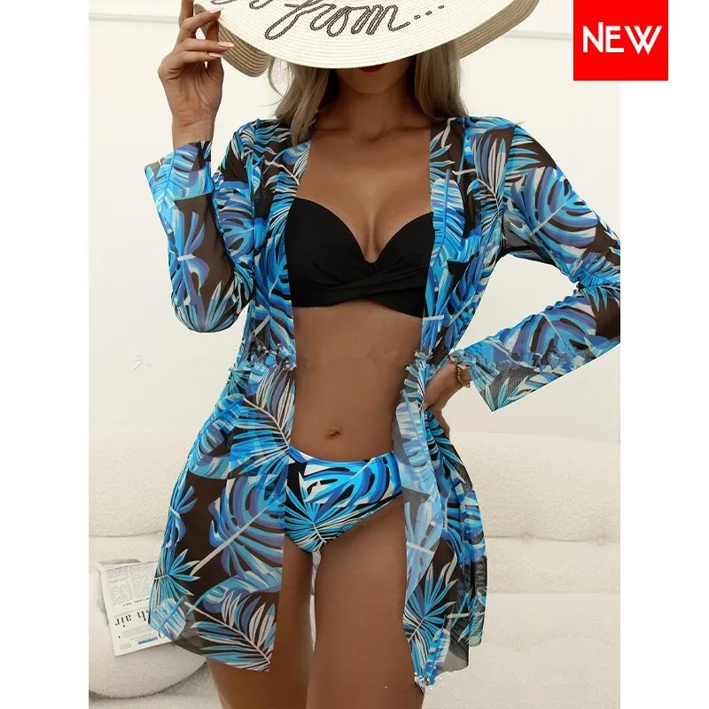High Waist Three Pieces Bikini Set Cover Up Women 2023 New Push Up Swimsuit Long Sleeve Swimwear Biquini Bathing Suit Summer
