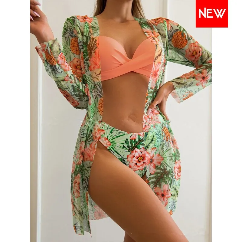 High Waist Three Pieces Bikini Set Cover Up Women 2023 New Push Up Swimsuit Long Sleeve Swimwear Biquini Bathing Suit Summer