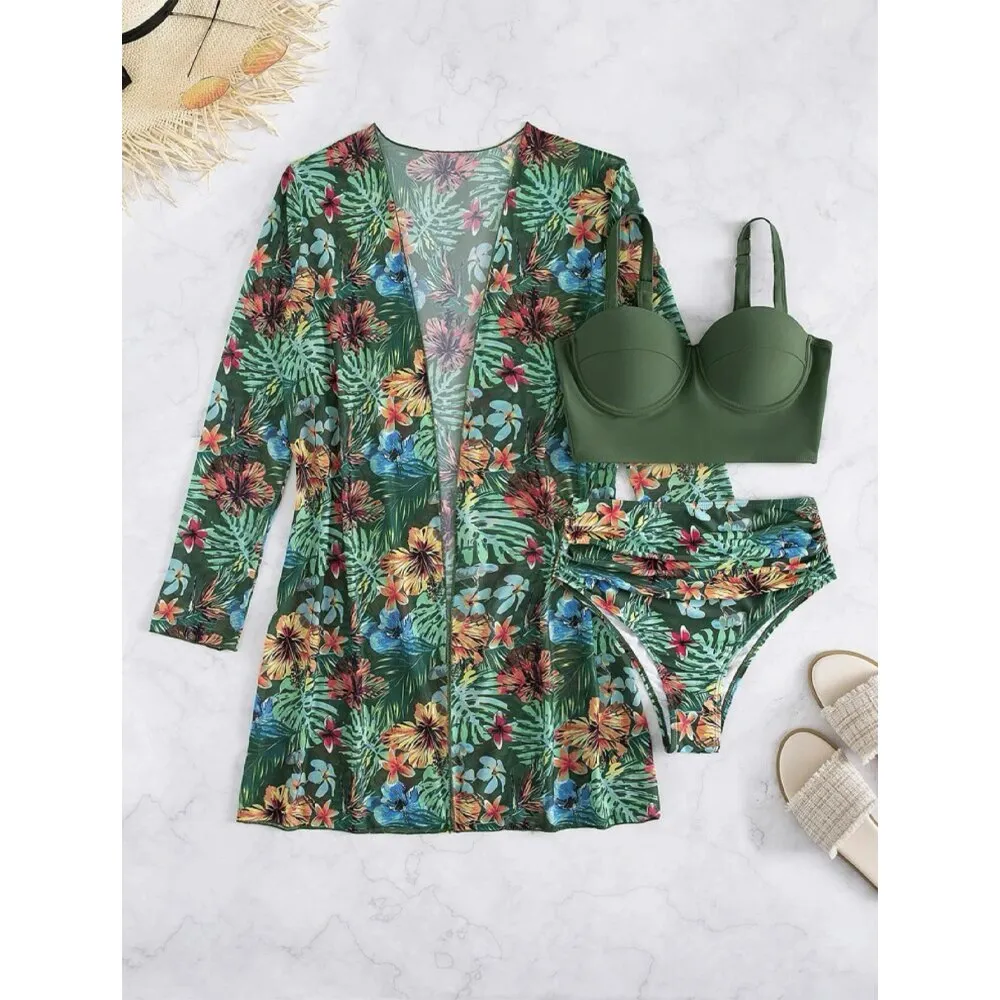 High Waist Three Pieces Bikini Set Cover Up Women 2023 New Push Up Swimsuit Long Sleeve Swimwear Biquini Bathing Suit Summer
