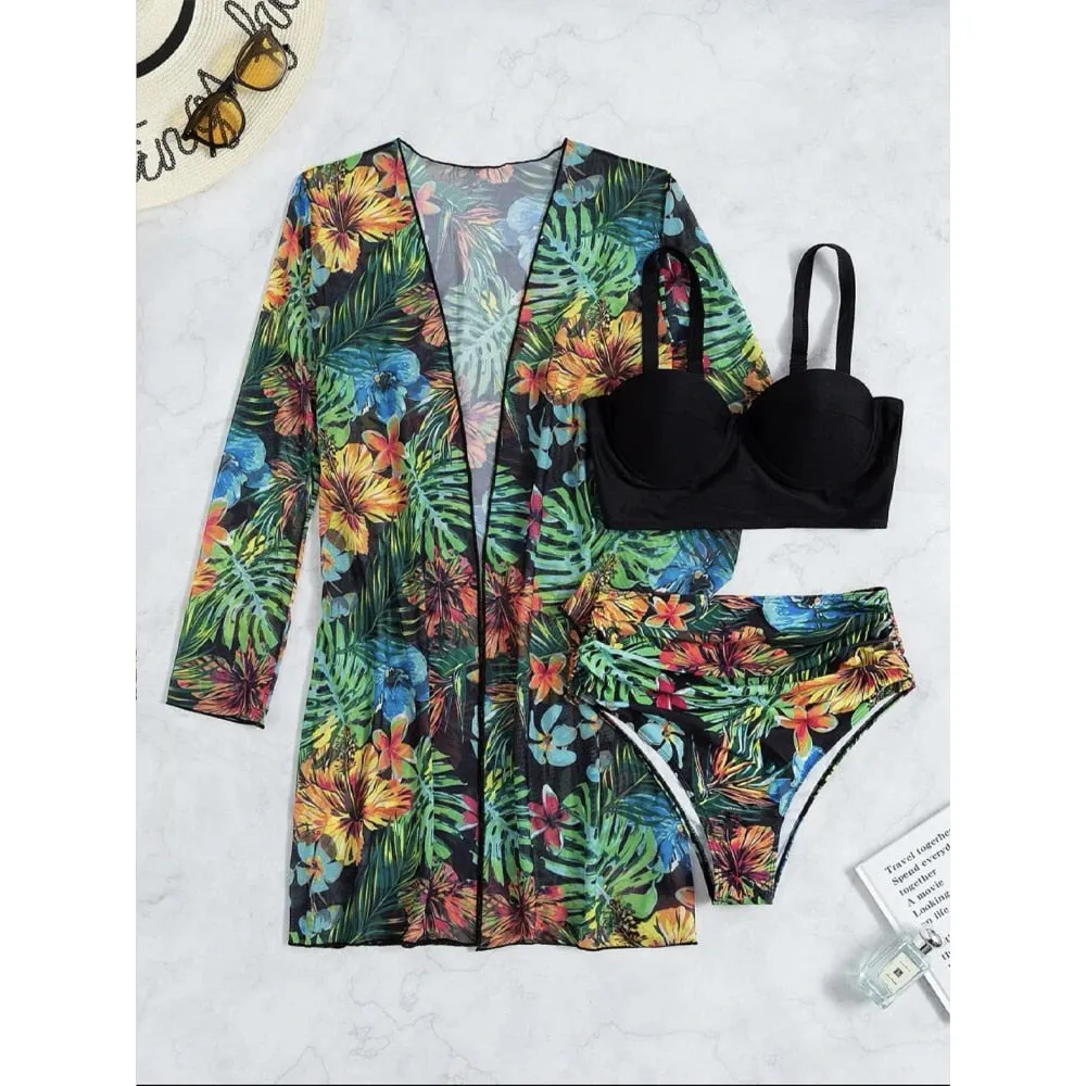 High Waist Three Pieces Bikini Set Cover Up Women 2023 New Push Up Swimsuit Long Sleeve Swimwear Biquini Bathing Suit Summer