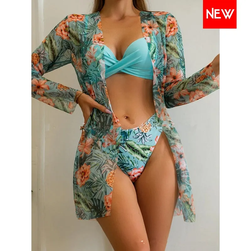 High Waist Three Pieces Bikini Set Cover Up Women 2023 New Push Up Swimsuit Long Sleeve Swimwear Biquini Bathing Suit Summer