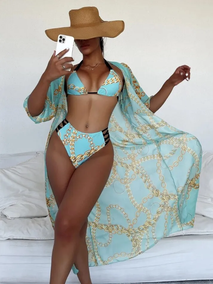 High Waist Three Pieces Bikini Set Cover Up Women 2023 New Push Up Swimsuit Long Sleeve Swimwear Biquini Bathing Suit Summer