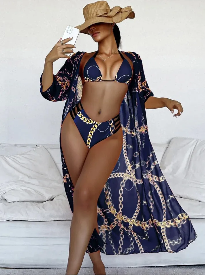 High Waist Three Pieces Bikini Set Cover Up Women 2023 New Push Up Swimsuit Long Sleeve Swimwear Biquini Bathing Suit Summer