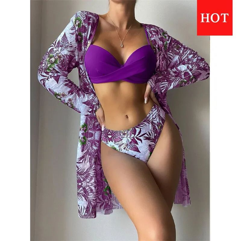 High Waist Three Pieces Bikini Set Cover Up Women 2023 New Push Up Swimsuit Long Sleeve Swimwear Biquini Bathing Suit Summer