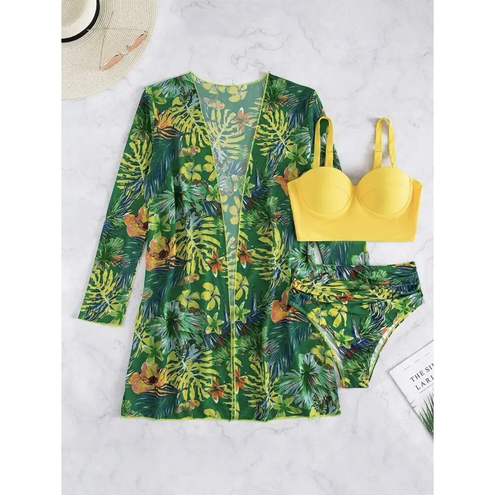 High Waist Three Pieces Bikini Set Cover Up Women 2023 New Push Up Swimsuit Long Sleeve Swimwear Biquini Bathing Suit Summer