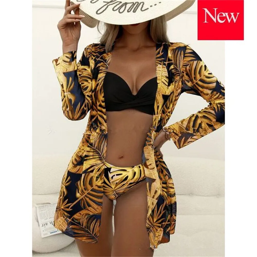 High Waist Three Pieces Bikini Set Cover Up Women 2023 New Push Up Swimsuit Long Sleeve Swimwear Biquini Bathing Suit Summer