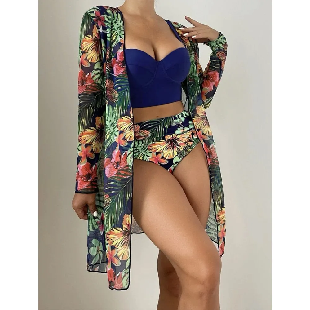 High Waist Three Pieces Bikini Set Cover Up Women 2023 New Push Up Swimsuit Long Sleeve Swimwear Biquini Bathing Suit Summer