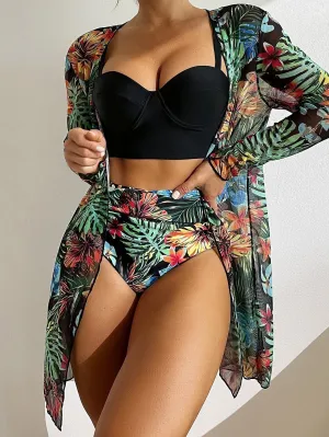High Waist Three Pieces Bikini Set Cover Up Women 2023 New Push Up Swimsuit Long Sleeve Swimwear Biquini Bathing Suit Summer