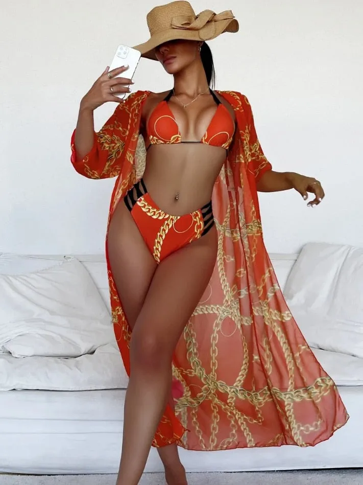 High Waist Three Pieces Bikini Set Cover Up Women 2023 New Push Up Swimsuit Long Sleeve Swimwear Biquini Bathing Suit Summer