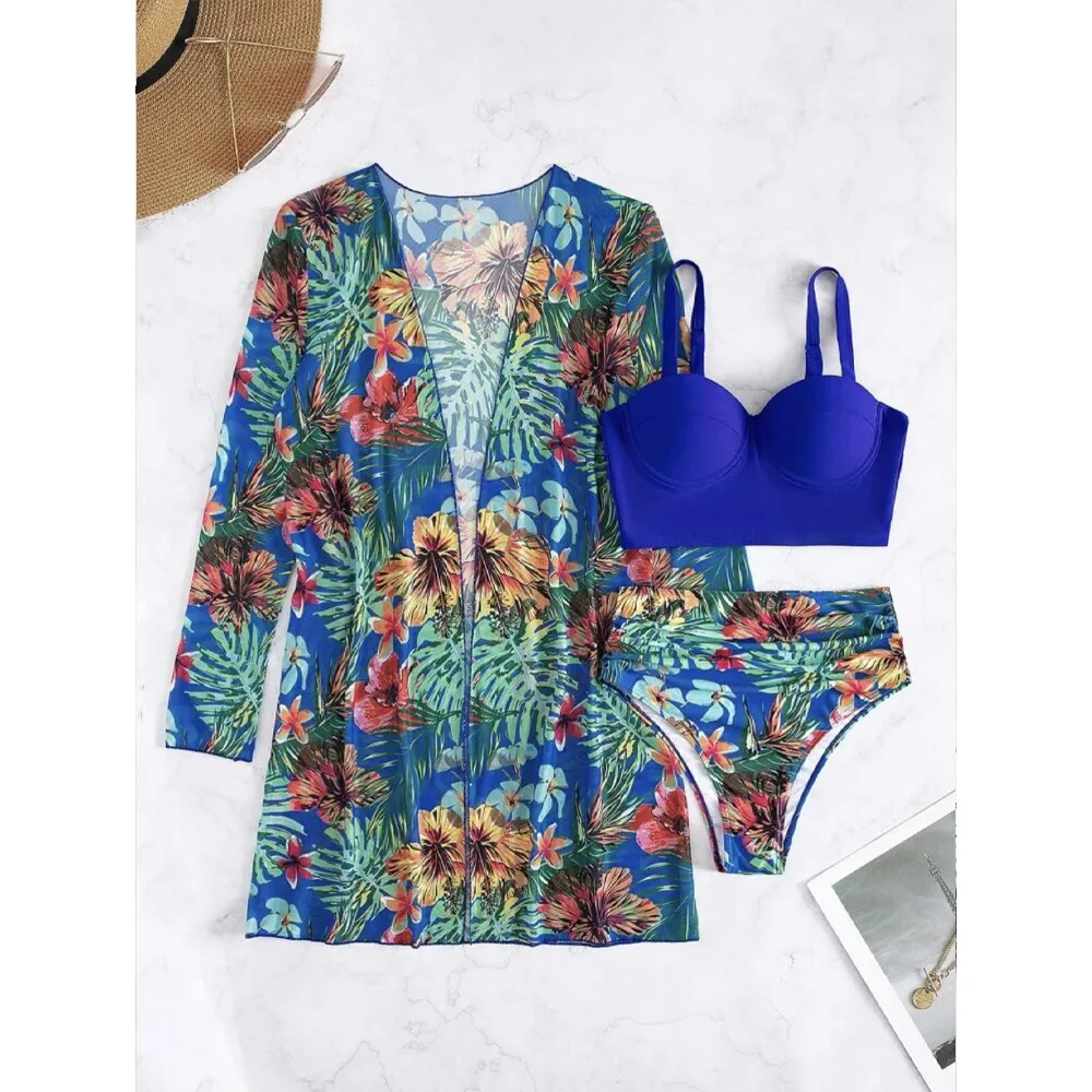 High Waist Three Pieces Bikini Set Cover Up Women 2023 New Push Up Swimsuit Long Sleeve Swimwear Biquini Bathing Suit Summer