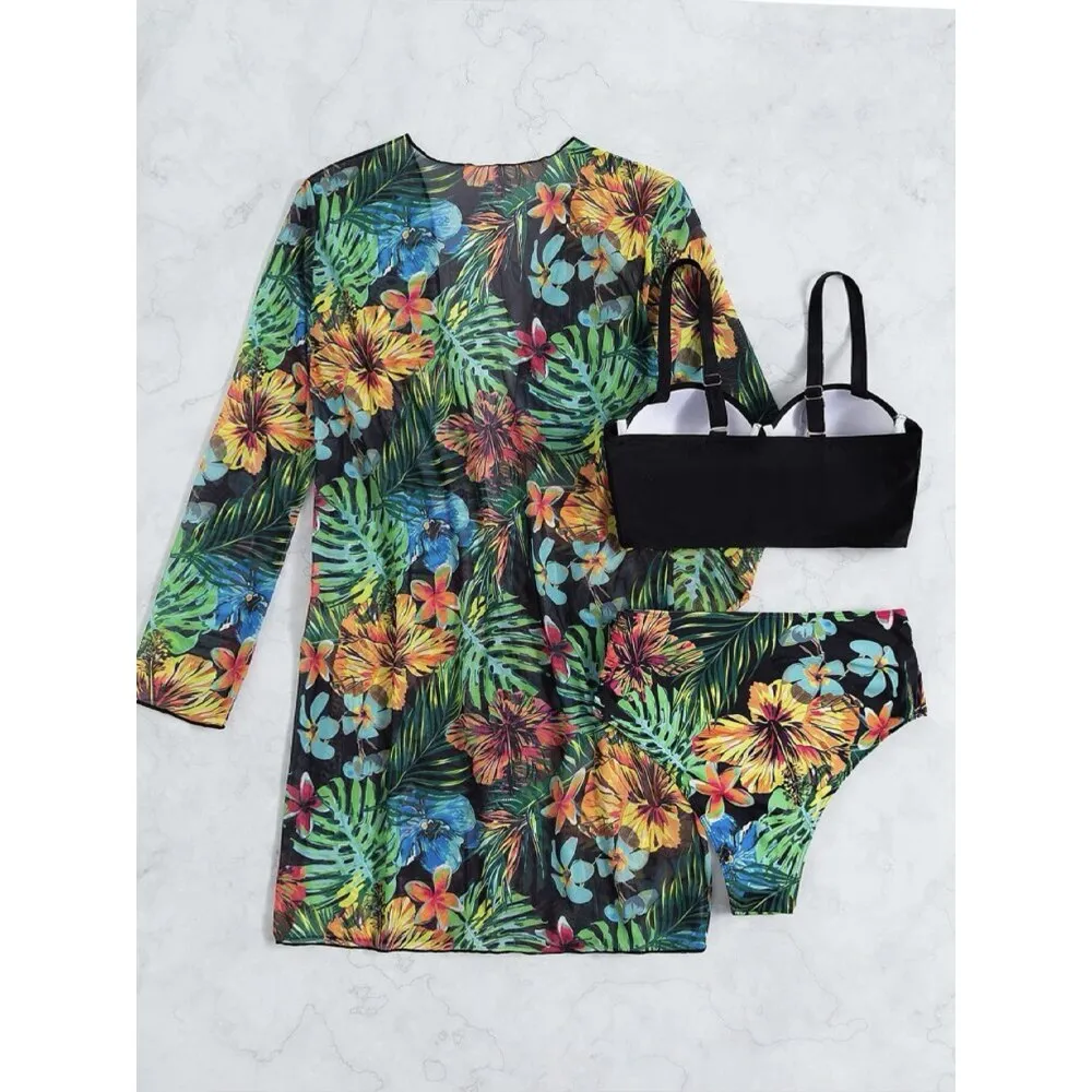 High Waist Three Pieces Bikini Set Cover Up Women 2023 New Push Up Swimsuit Long Sleeve Swimwear Biquini Bathing Suit Summer