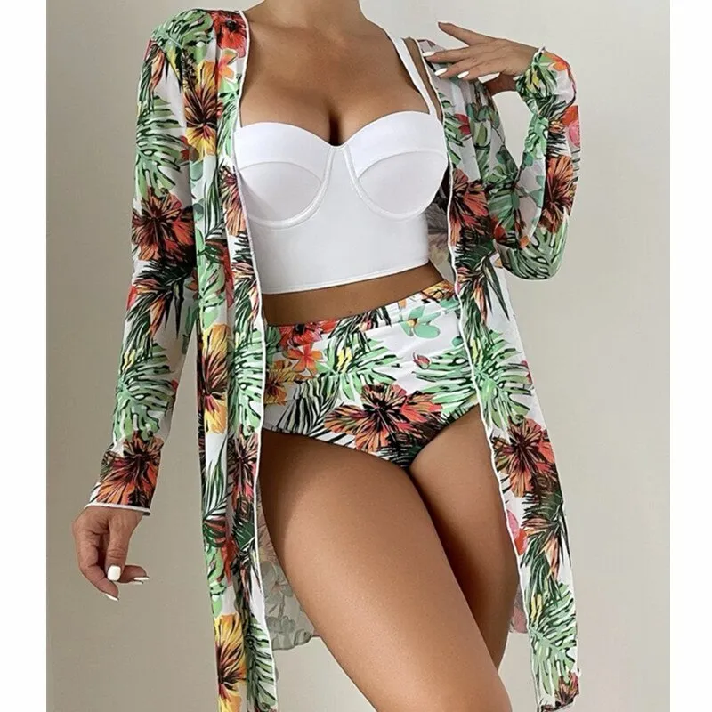 High Waist Three Pieces Bikini Set Cover Up Women 2023 New Push Up Swimsuit Long Sleeve Swimwear Biquini Bathing Suit Summer