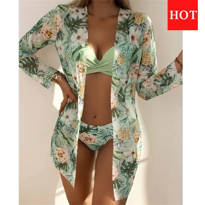 High Waist Three Pieces Bikini Set Cover Up Women 2023 New Push Up Swimsuit Long Sleeve Swimwear Biquini Bathing Suit Summer