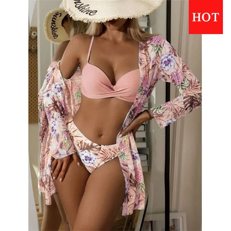 High Waist Three Pieces Bikini Set Cover Up Women 2023 New Push Up Swimsuit Long Sleeve Swimwear Biquini Bathing Suit Summer