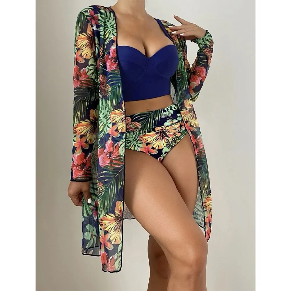 High Waist Three Pieces Bikini Set Cover Up Women 2023 New Push Up Swimsuit Long Sleeve Swimwear Biquini Bathing Suit Summer