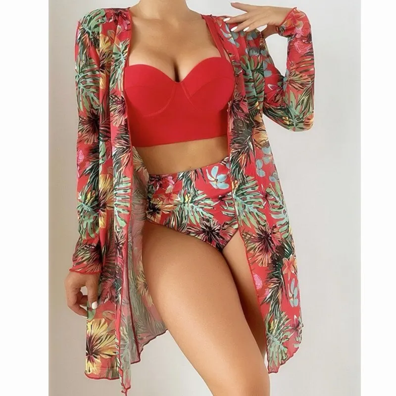 High Waist Three Pieces Bikini Set Cover Up Women 2023 New Push Up Swimsuit Long Sleeve Swimwear Biquini Bathing Suit Summer