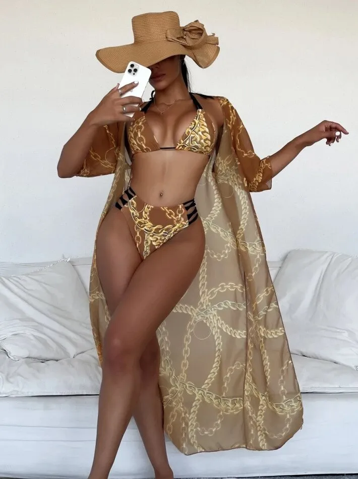 High Waist Three Pieces Bikini Set Cover Up Women 2023 New Push Up Swimsuit Long Sleeve Swimwear Biquini Bathing Suit Summer