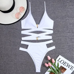 High Waist Women Bikini Sexy Cut Out Swimsuit Solid Swimwear
