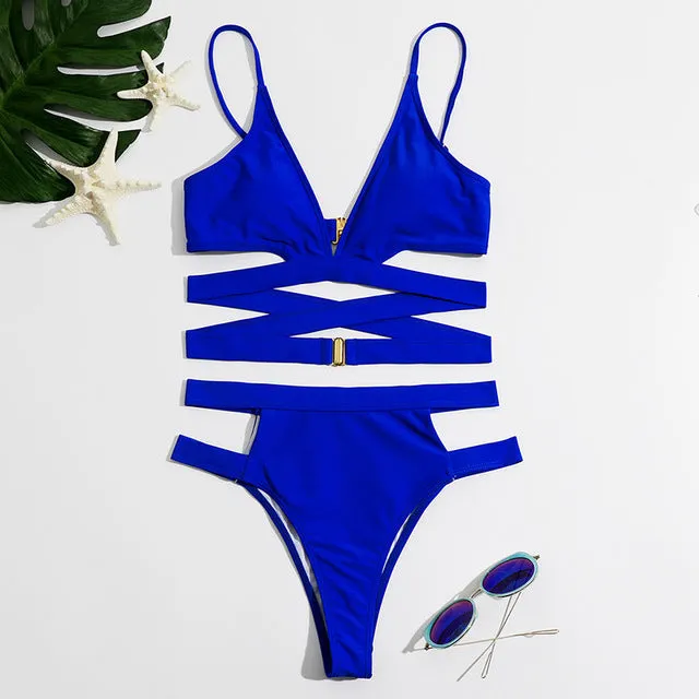 High Waist Women Bikini Sexy Cut Out Swimsuit Solid Swimwear