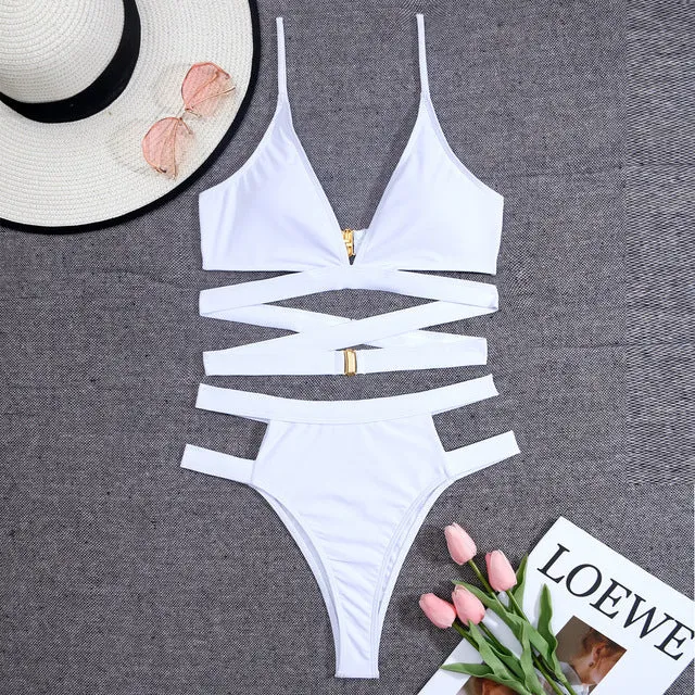 High Waist Women Bikini Sexy Cut Out Swimsuit Solid Swimwear