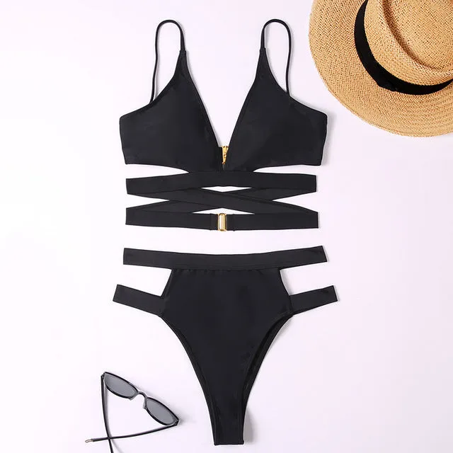High Waist Women Bikini Sexy Cut Out Swimsuit Solid Swimwear