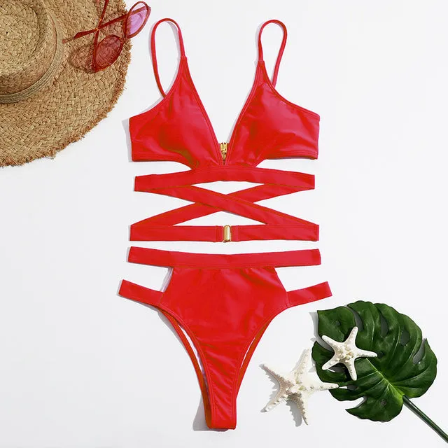 High Waist Women Bikini Sexy Cut Out Swimsuit Solid Swimwear