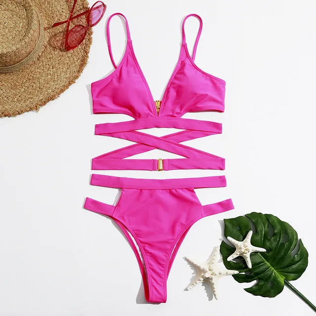 High Waist Women Bikini Sexy Cut Out Swimsuit Solid Swimwear