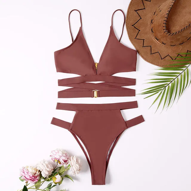 High Waist Women Bikini Sexy Cut Out Swimsuit Solid Swimwear