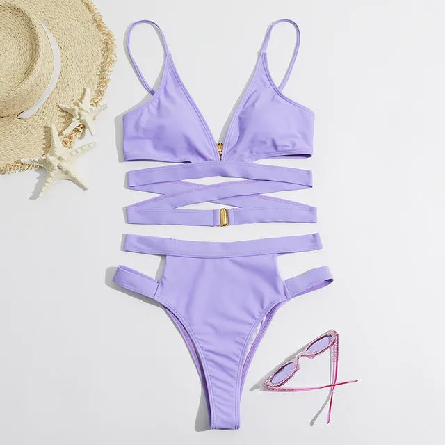 High Waist Women Bikini Sexy Cut Out Swimsuit Solid Swimwear
