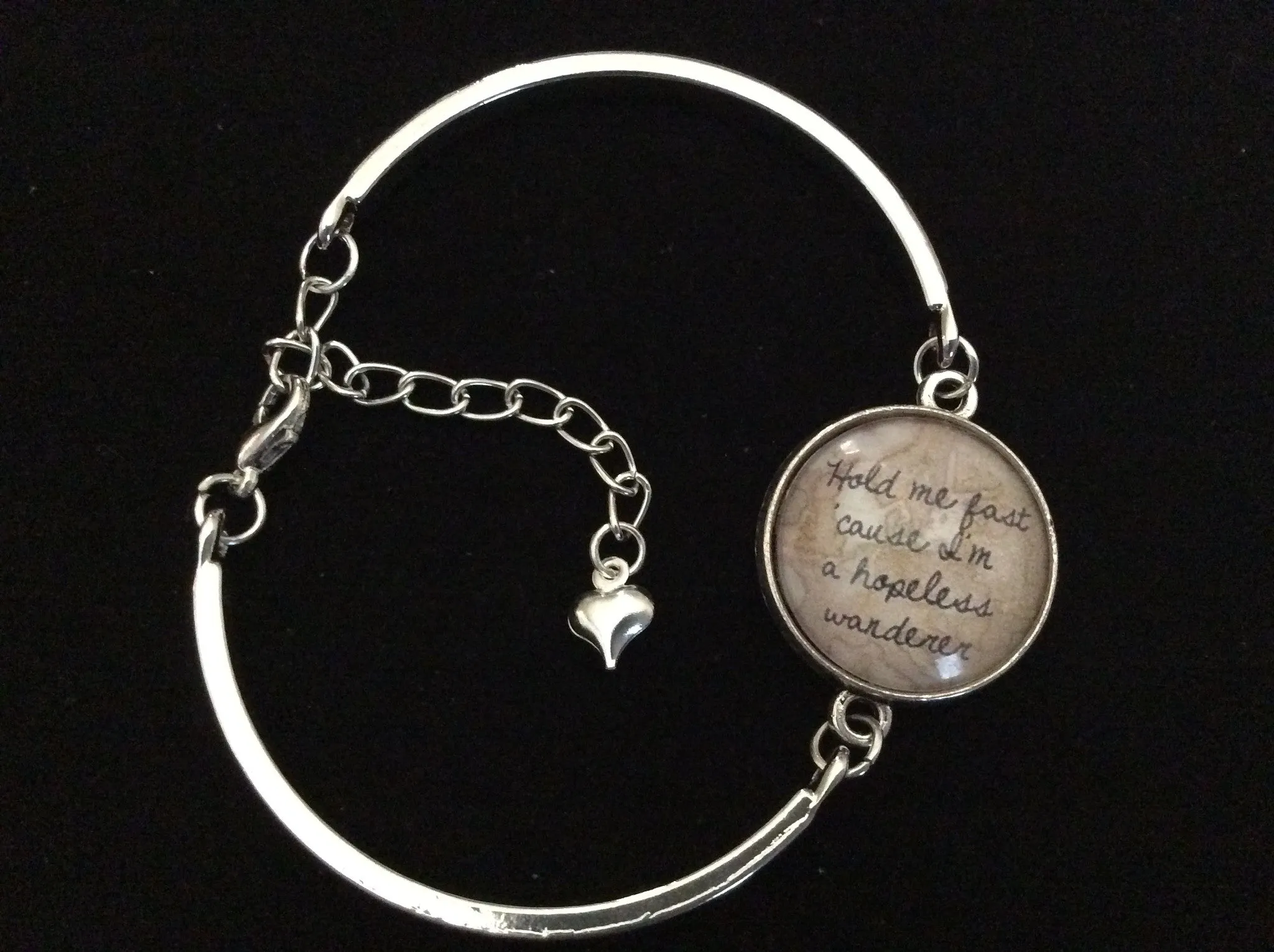 Hold Me Fast Cause I'm a Hopeless Wanderer Glass Domed Charm on a Silver Adjustable Cuff Bracelet Trendy Bangle Gift Meaningful Inspirational Quote