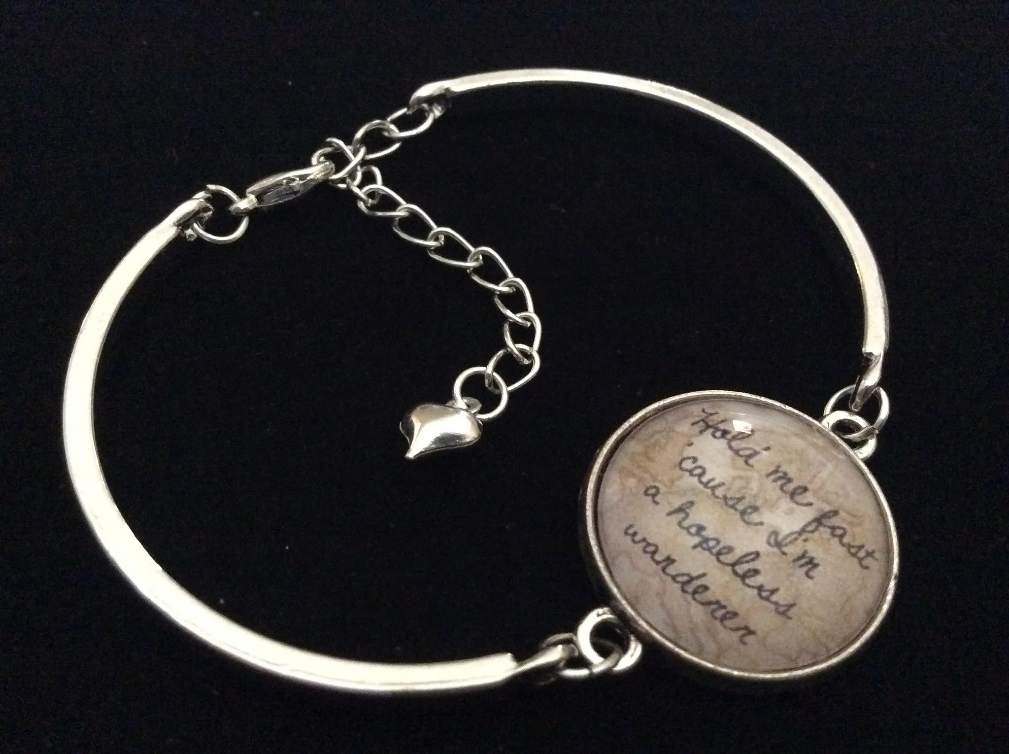 Hold Me Fast Cause I'm a Hopeless Wanderer Glass Domed Charm on a Silver Adjustable Cuff Bracelet Trendy Bangle Gift Meaningful Inspirational Quote