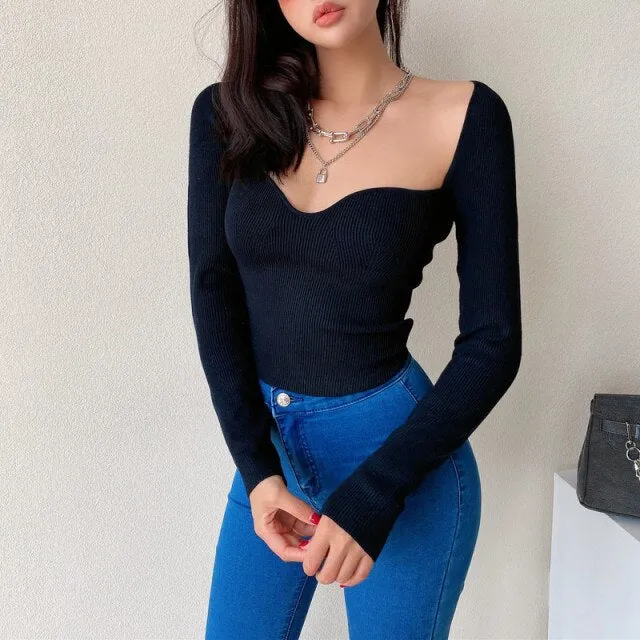 Hot Girl Heart-shaped Square Collar Knitted Top