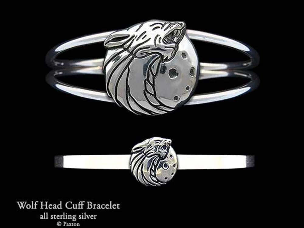 Howling Wolf Head Cuff Bracelet Sterling Silver