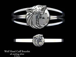 Howling Wolf Head Cuff Bracelet Sterling Silver