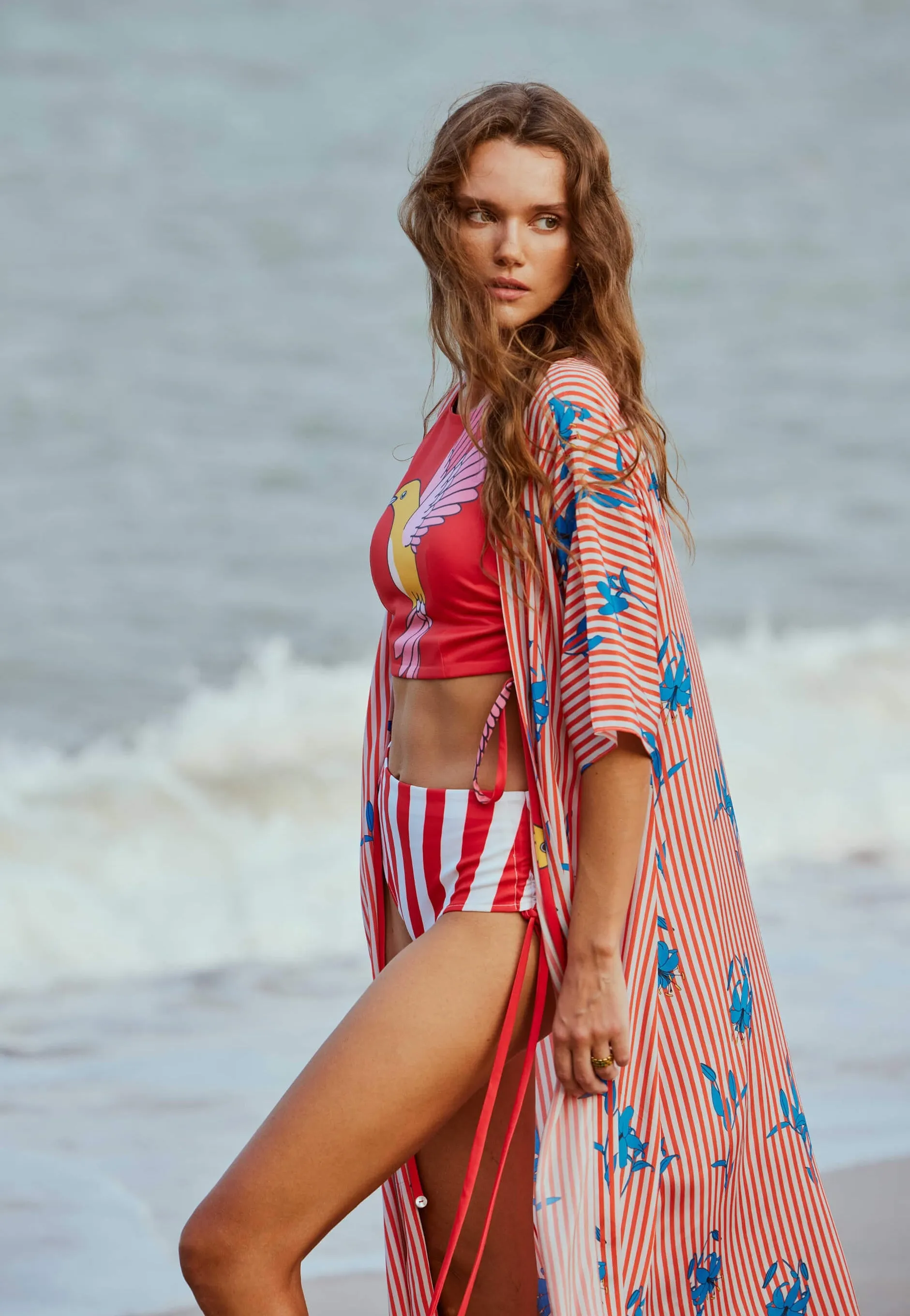 Hummingbird bikini with striped floral cape set