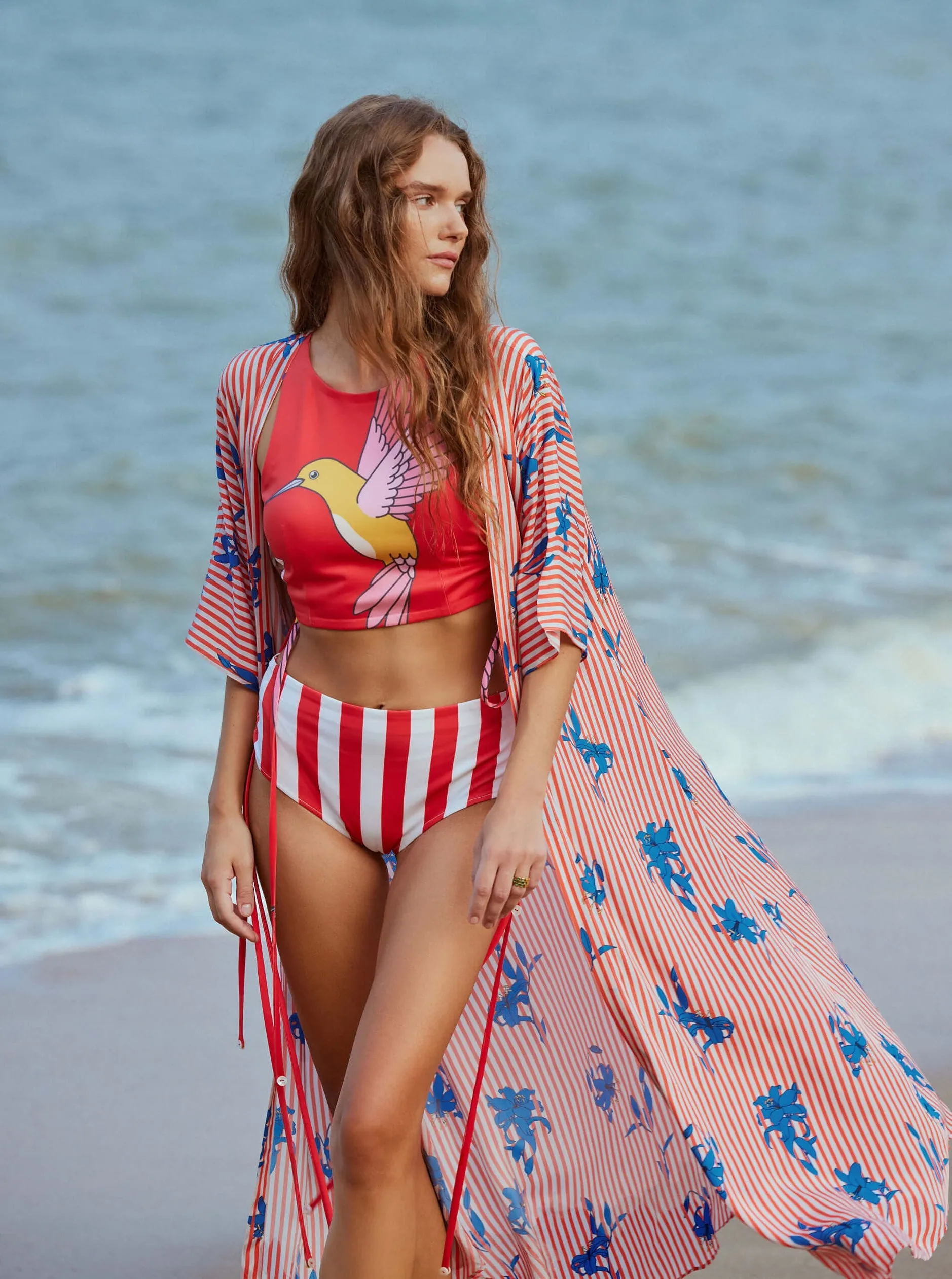 Hummingbird bikini with striped floral cape set