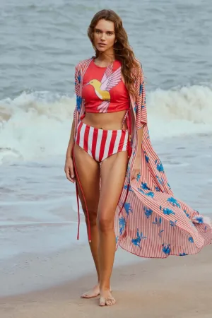 Hummingbird bikini with striped floral cape set