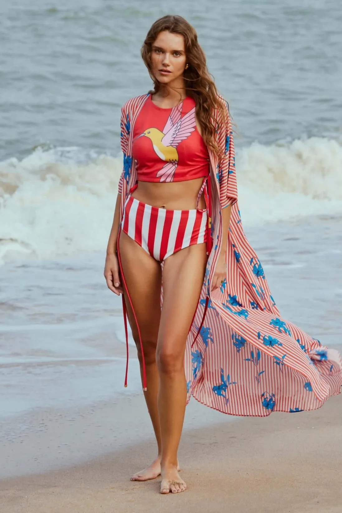 Hummingbird bikini with striped floral cape set