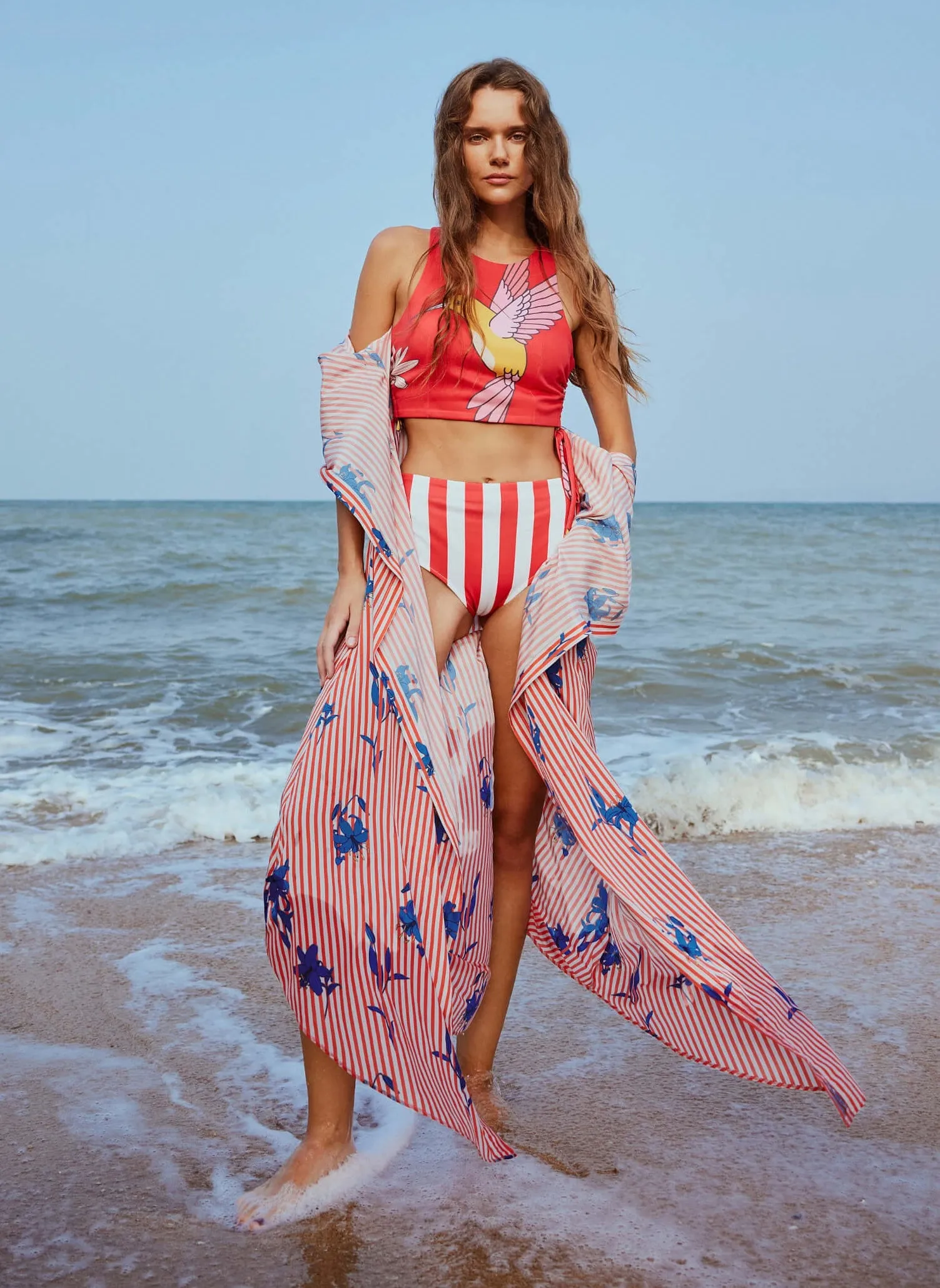 Hummingbird bikini with striped floral cape set