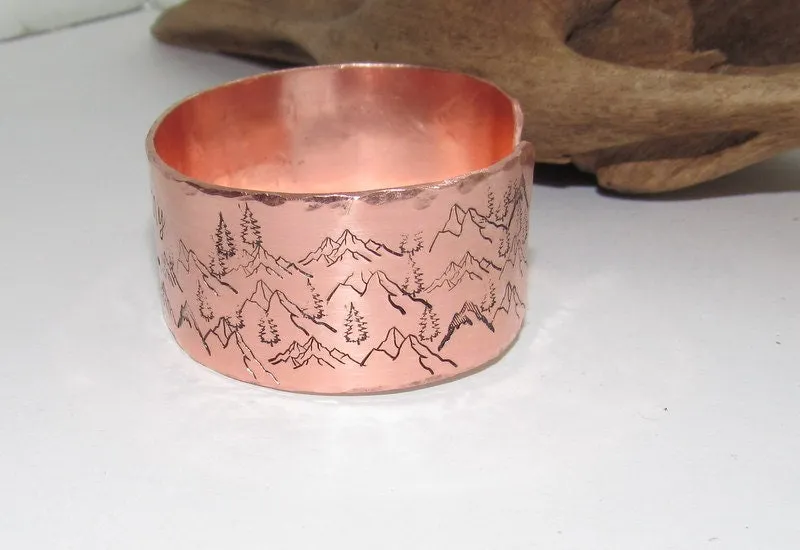 I will lift up my eyes Wide copper Mountain bracelet with trees, Hand stamped adjustable copper cuff bracelet,