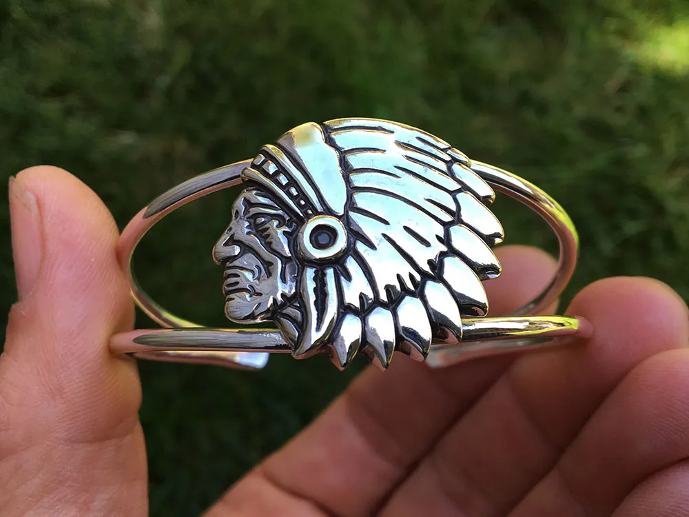 Indian Chief Head Cuff Bracelet Sterling Silver